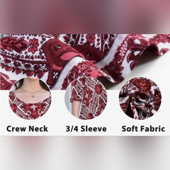 Women's 3/4 Sleeve Casual Flowy Loose Fit Swing Top Tunic, Wine Red Pattern - Picture 5 of 10